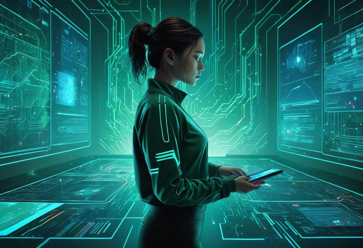 A futuristic digital landscape showcasing intricate vector graphics flowing seamlessly into data streams. Feature a vibrant color palette of blue and green hues, with geometric shapes and sharp lines symbolizing precision and technology. Illustrate a person interacting with holographic displays, representing the fusion of art and data visualization. Include elements like circuit board patterns in the background to emphasize technology. vivid colors. cyberpunk.