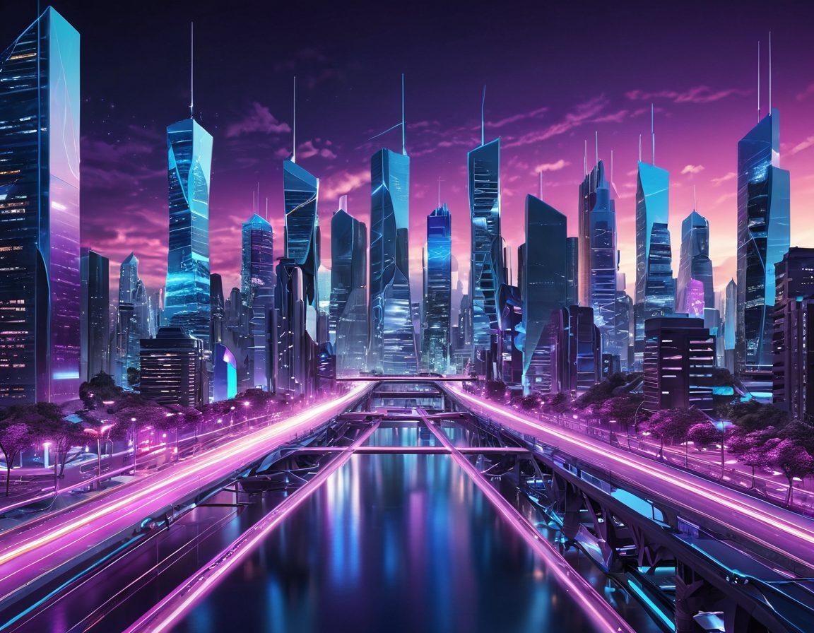 A captivating 3D scene showcasing a futuristic cityscape powered by vector technology, with intricate geometric shapes and vibrant colors. Include dynamic visual elements representing motion and transformation, like glowing lines that lead to a powerful source of energy. Emphasize the contrast between organic and digital forms, highlighting the synergy between nature and technology. The sky should blend hues of blue and purple, symbolizing innovation and creativity. super-realistic. vibrant colors. 3D.