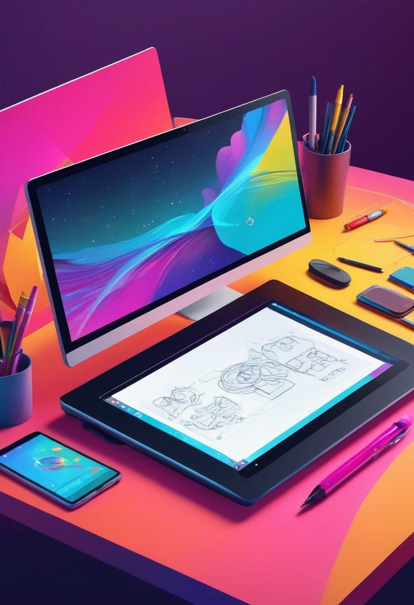 A dynamic workspace showcasing a variety of vector tools like a stylus, graphics tablet, and software interface on a computer screen. Brightly colored vector shapes and designs float around, symbolizing creativity and versatility. An artist in the background is sketching with focus. The composition should convey innovation and artistic freedom. super-realistic. vibrant colors. 3D.